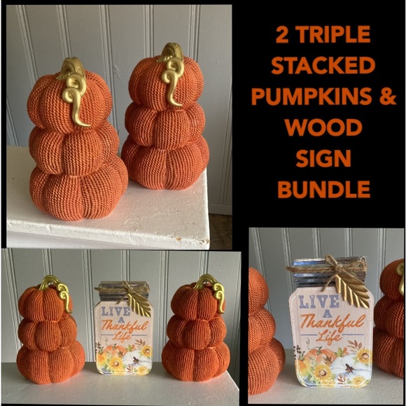 NWT BUNDLE- 2 TRIPLE STACKED TEXTURED ORANGE PUMPKINS GOLD STEMS & WOOD SIGN - Picture 3 of 17